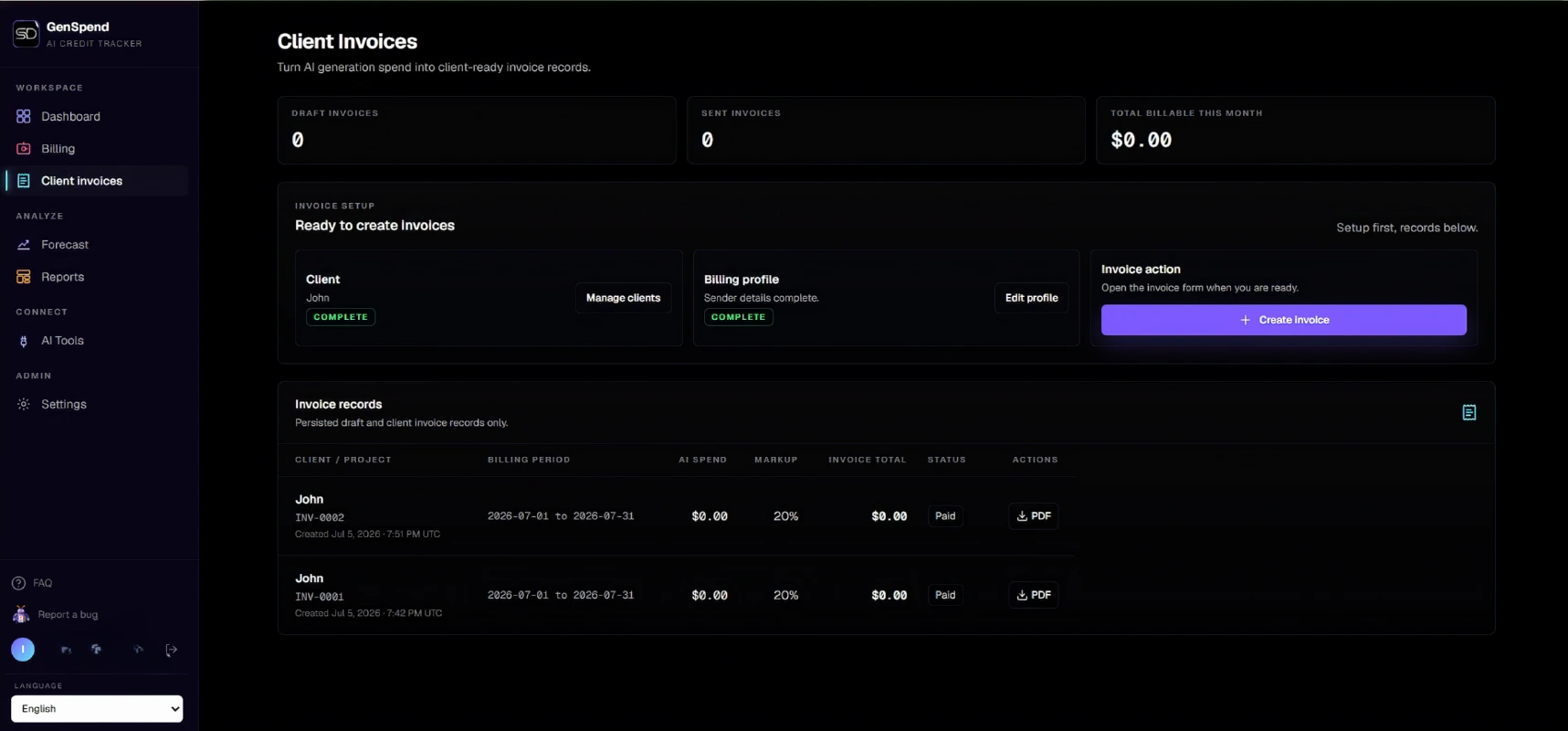 Client invoice preview with markup and a private internal cost