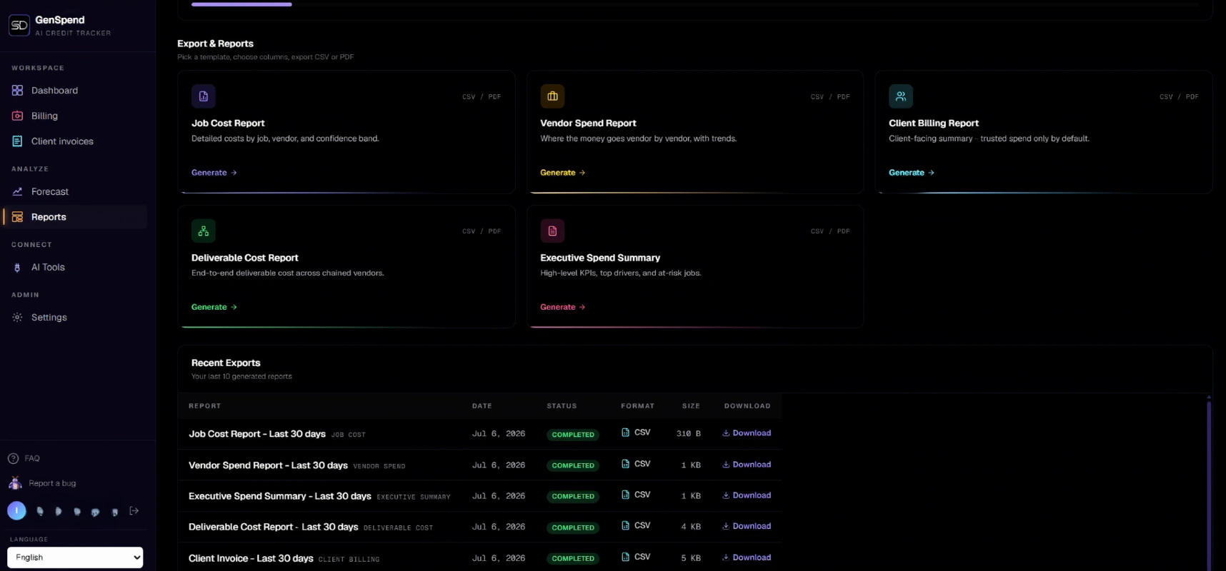 Reports and exports, including a non-English (Japanese) export, with multi-currency support